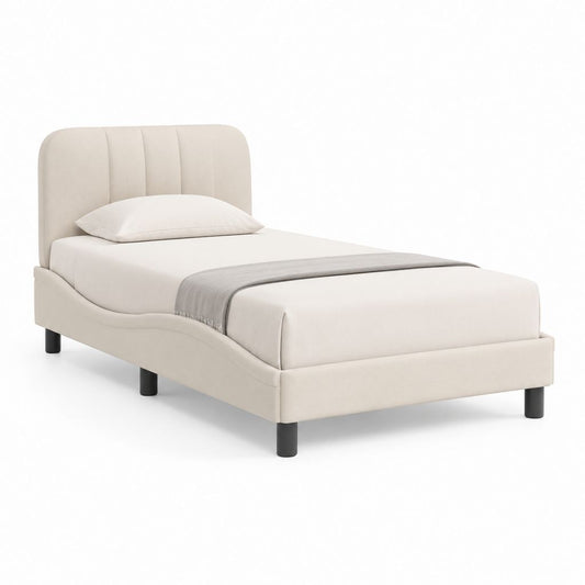 Polsterbett Einzelbett Beige Polyester 90 x 200 cm mit gepolstertem Kopfteil