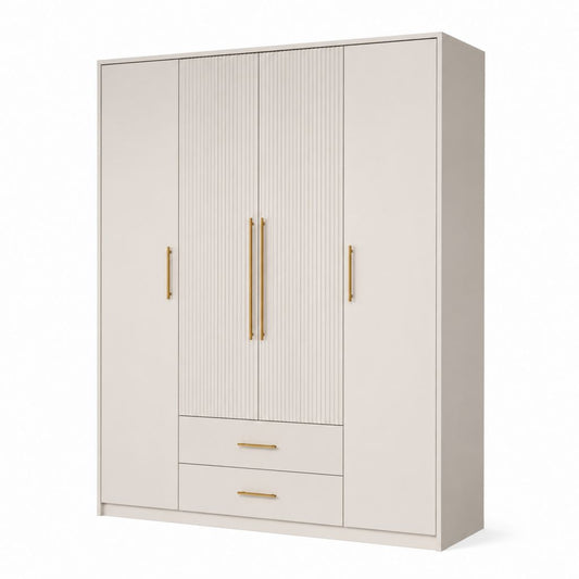 Kleiderschrank 4-türig mit 2 Schubladen Cremeweiß Spanplatte 180 x 52 x 200 cm
