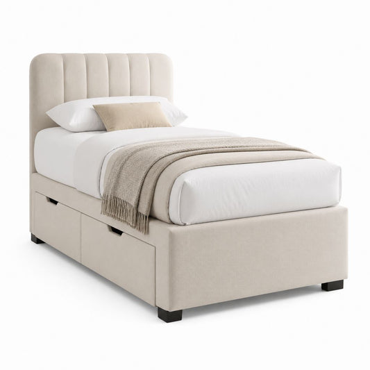 Stauraumbett 90 x 200 cm Beige rechteckig mit Polyesterbezug und 2 Schubladen