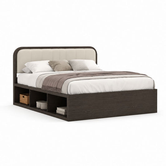 Stauraumbett Doppelbett dunkelbraun mit cremefarbenem Polyester-Kopfteil aus melaminharzbeschichteter Spanplatte rechteckig 160 x 200 cm