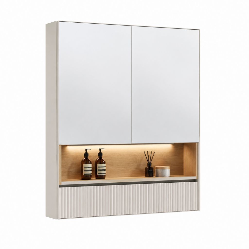 Spiegelschrank Weiß MDF rechteckig mit LED-Beleuchtung und offenem Fach 80 x 70 x 15 cm