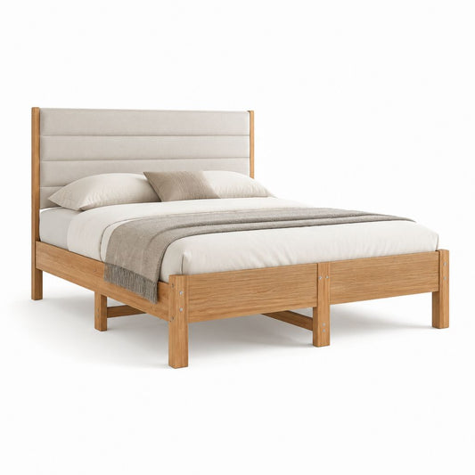 Doppelbett Bettgestell Natur Eiche Massivholz Rechteckig mit gepolstertem Kopfteil 160 x 200 cm