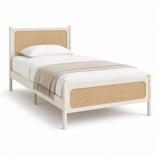 Einzelbett Bettgestell Weiß aus Kiefernholz und Rattan Rechteckig 90 x 200 cm