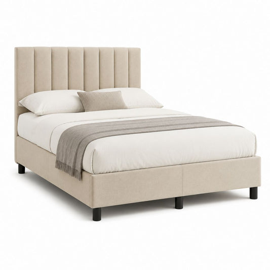 Polsterbett Beige mit Polyesterbezug und vertikal gepolstertem Kopfteil 160 x 200 cm