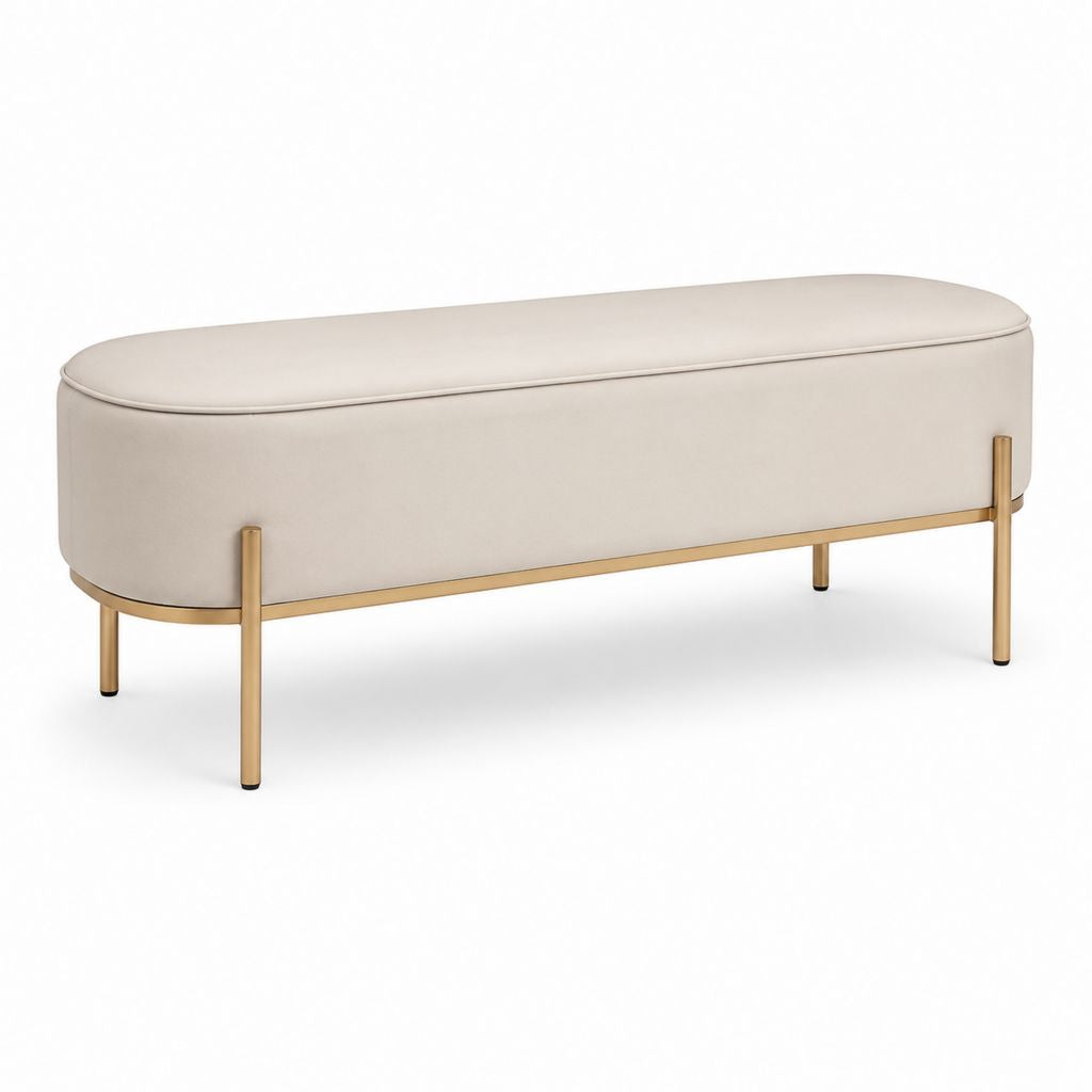Schlafzimmerbank gepolstert Creme Polyestersamt oval Stahlgestell Gold 120 x 45 x 45 cm