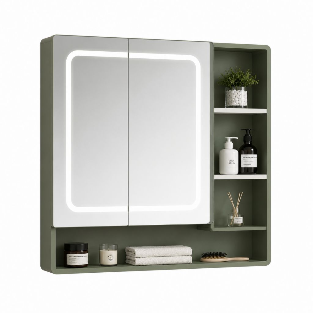 LED Spiegelschrank Grün aus pulverbeschichtetem Stahl und Spiegelglas rechteckig 80 x 15 x 70 cm