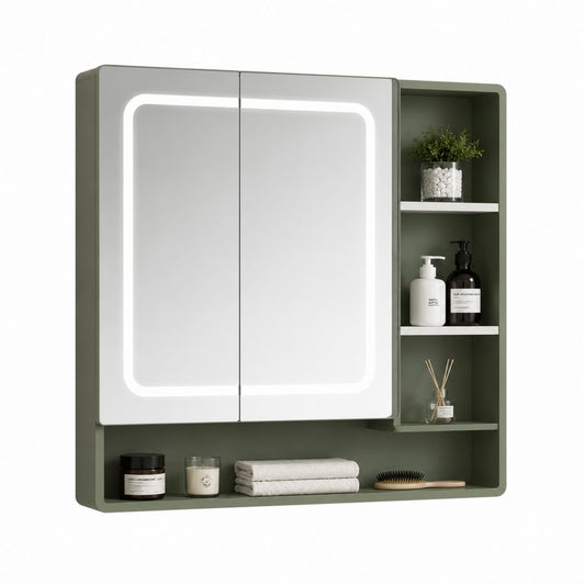 LED Spiegelschrank Grün aus pulverbeschichtetem Stahl und Spiegelglas rechteckig 80 x 15 x 70 cm